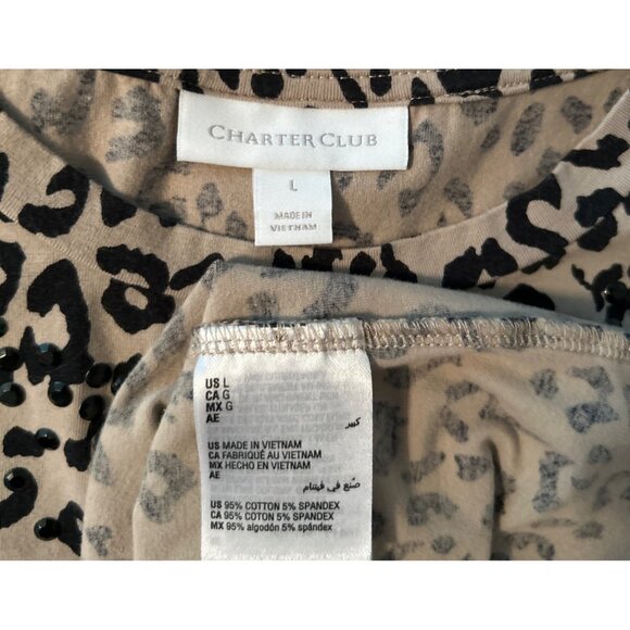 Charter Club Women Beige Black Leopard Print Short Sleeve Top Size L - Picture 3 of 4